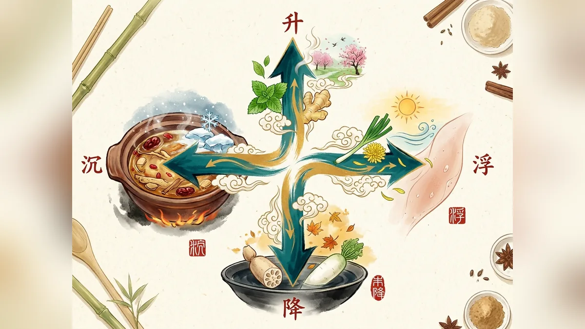 الحركات الطاقية الأربعة للأغذية (升降浮沉): الصعود والنزول والطفو والغوص في الدييتيتيك الصينية