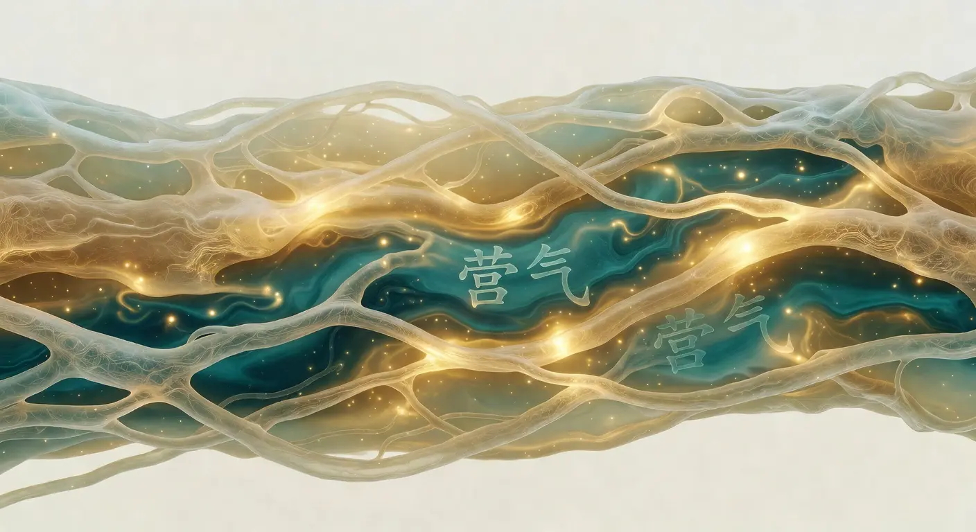 Visuelle Darstellung des Ying Qi (营气 Yíng Qì) - Nähr-Qi in der TCM, grüner Hintergrund mit nährender Zirkulation