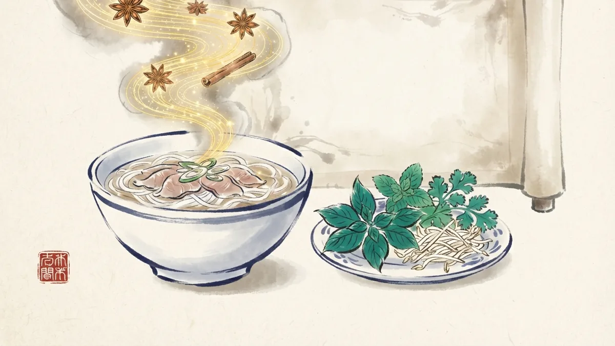 Schale Phở mit ihrem Kräuterteller: Basilikum, Minze, Koriander, Limette und Sojasprossen, die vietnamesische Art, die Brühe zu kräutern
