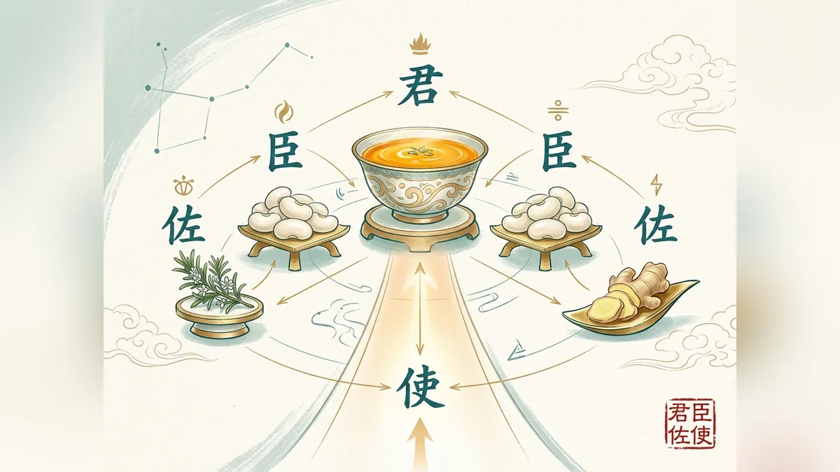 Die Jun-Chen-Zuo-Shi-Architektur in der chinesischen Diätetik: Kaiser, Minister, Assistent und Bote, die vier Rollen einer Nahrungsmittelformel