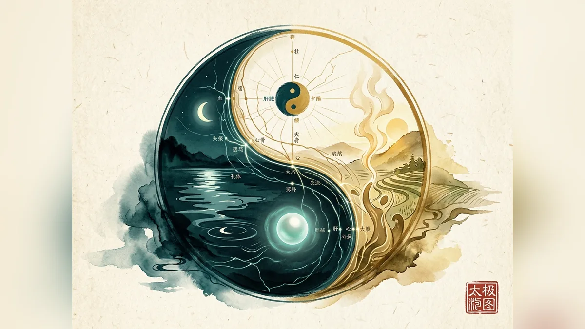 Das Taijitu (太极图), Diagramm von Yin und Yang: Kreis, S-Kurve und die beiden Punkte als Landkarte des Gleichgewichts in der chinesischen Medizin