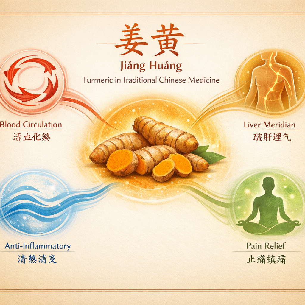 Infographic of therapeutic actions of Turmeric (姜黄 Jiāng Huáng) in Traditional Chinese Medicine - visual table showing Qi and Blood mobilisation, action on Liver-Spleen meridians, anti-inflammatory effects and clinical applications for Blood Stasis headaches
