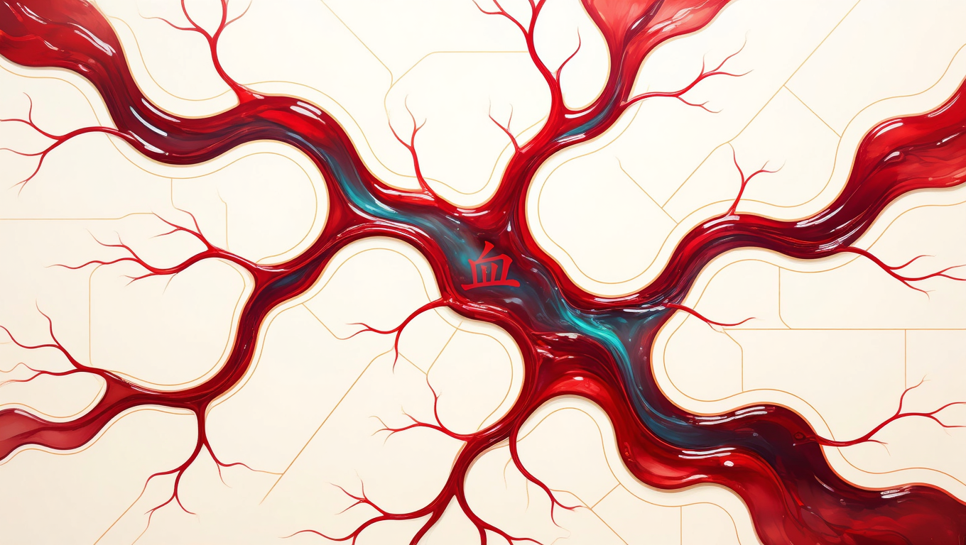 Visual representation of Blood (血 Xuè) - nourishing substance and anchoring in TCM, deep red background