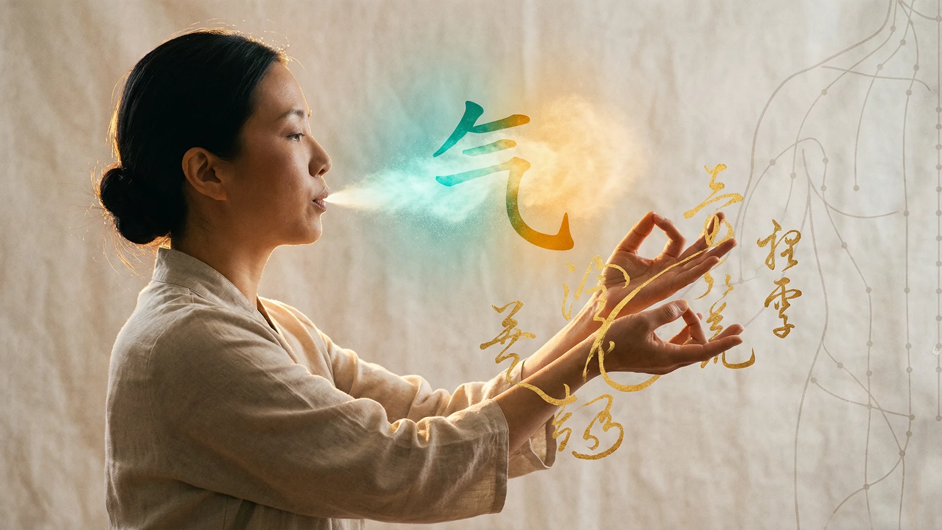 Five functions of Qi (气 qì) in Traditional Chinese Medicine - propel, warm, defend, hold, transform - energetic visualization of vital energy mechanisms