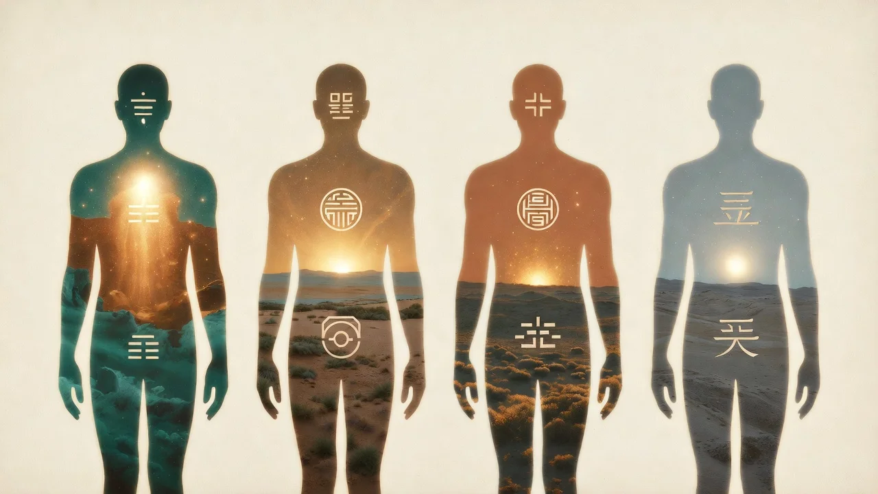 The four Sasang constitutions (四象): Tae Yang, Tae Eum, So Yang and So Eum arranged around Yin and Yang