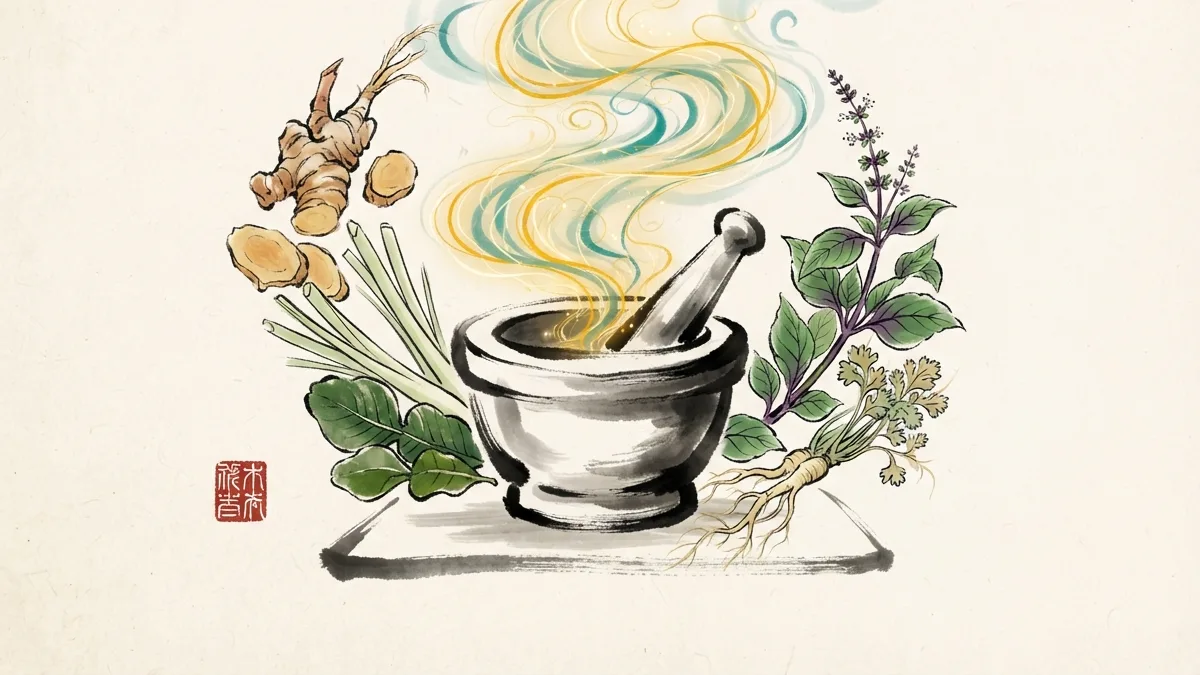 Thai aromatics: sliced galangal, lemongrass stalks, kaffir lime, Thai basil and coriander on a mortar