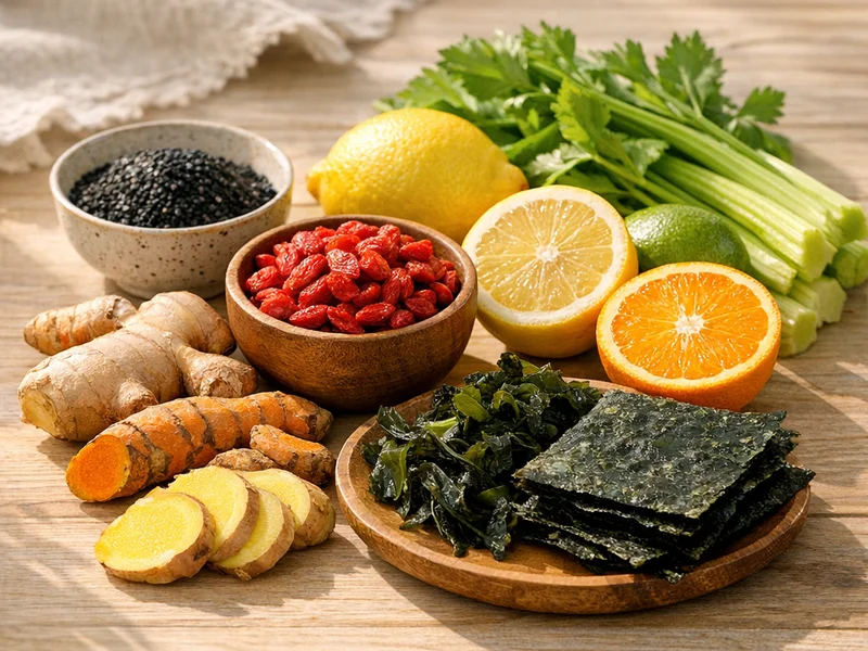 Therapeutic pantry for headaches—ginger 生姜 Shēng Jiāng, turmeric 姜黄 Jiāng Huáng, goji 枸杞 Gǒu Qǐ, black sesame 黑芝麻 balancing Qi and Blood