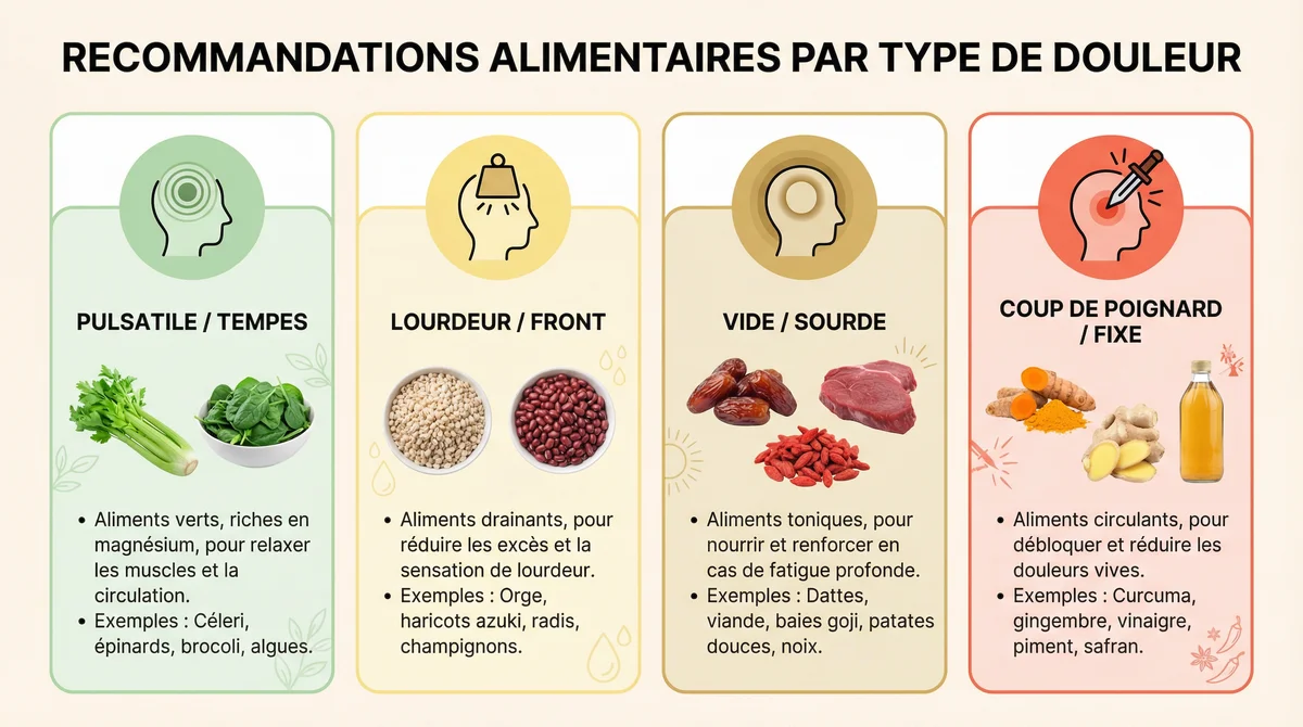 Infographic linking headache sensations—pulsatile, heavy, dull, stabbing—to tailored Yin-Yang food strategies