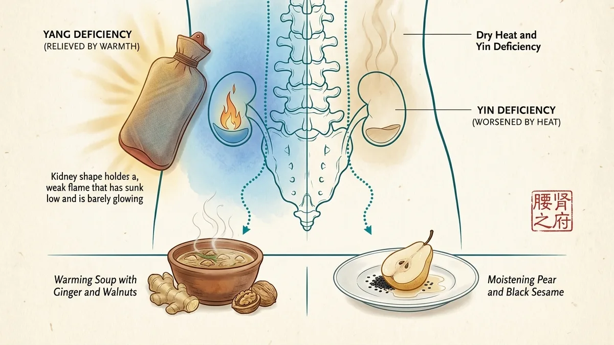Lower back pain in TCM: the back as Kidney territory, the Yang profile relieved by heat and the Yin profile aggravated