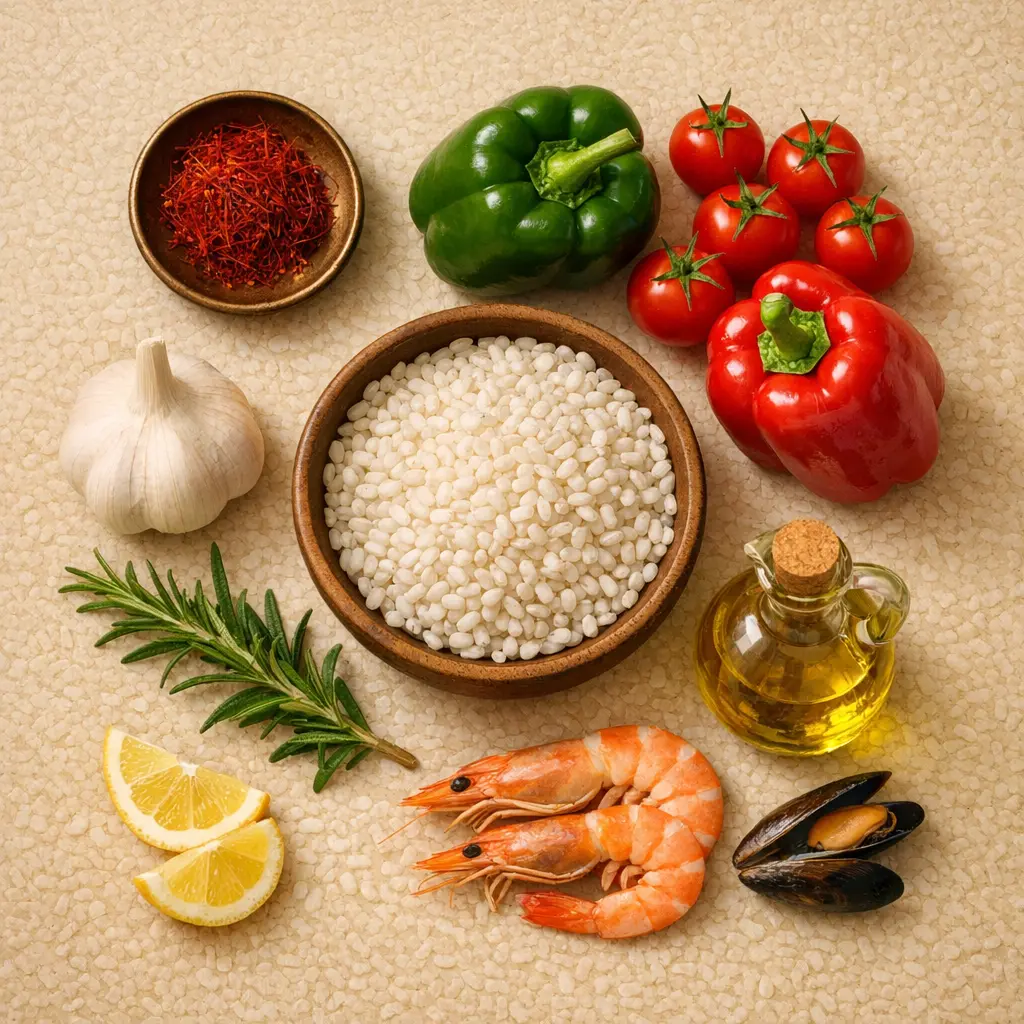 Fresh paella ingredients (藏红花 Zàng Hóng Huā saffron, 米饭 Mǐ Fàn rice, tomatoes, peppers) - Neutral and Cool nature foods for TCM energetic balance