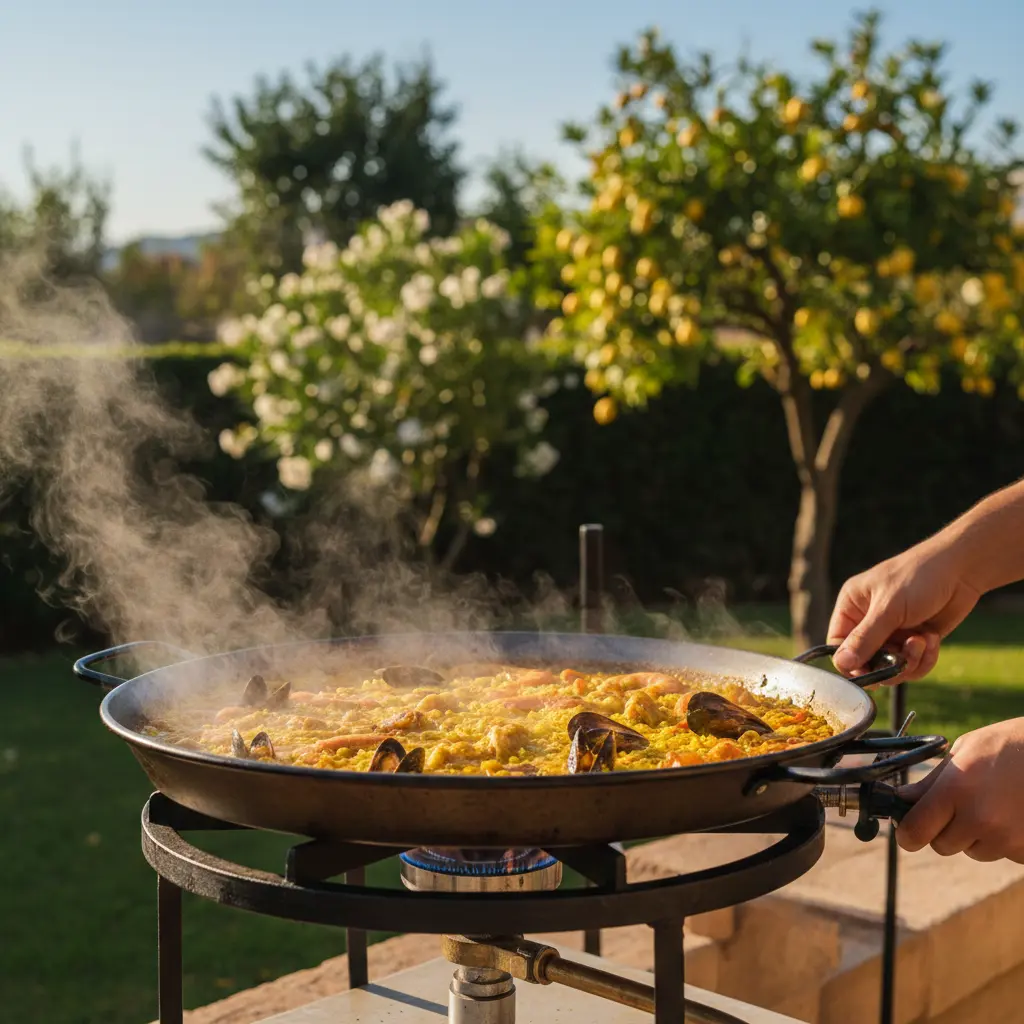 Traditional outdoor paella cooking on gas burner — Authentic Valencian preparation promoting digestive relaxation and conviviality (social Yang)