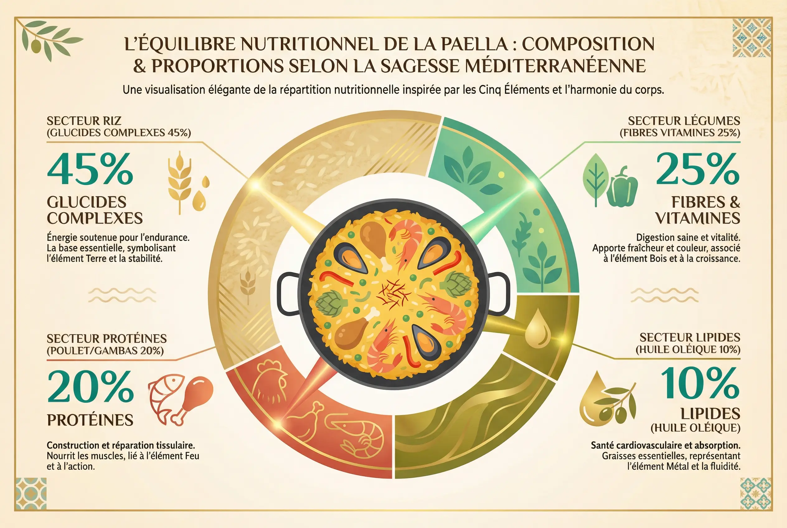 Paella nutritional composition infographic — Carbohydrates proteins fats fibre analysis with TCM thermal nature and targeted meridian correspondences