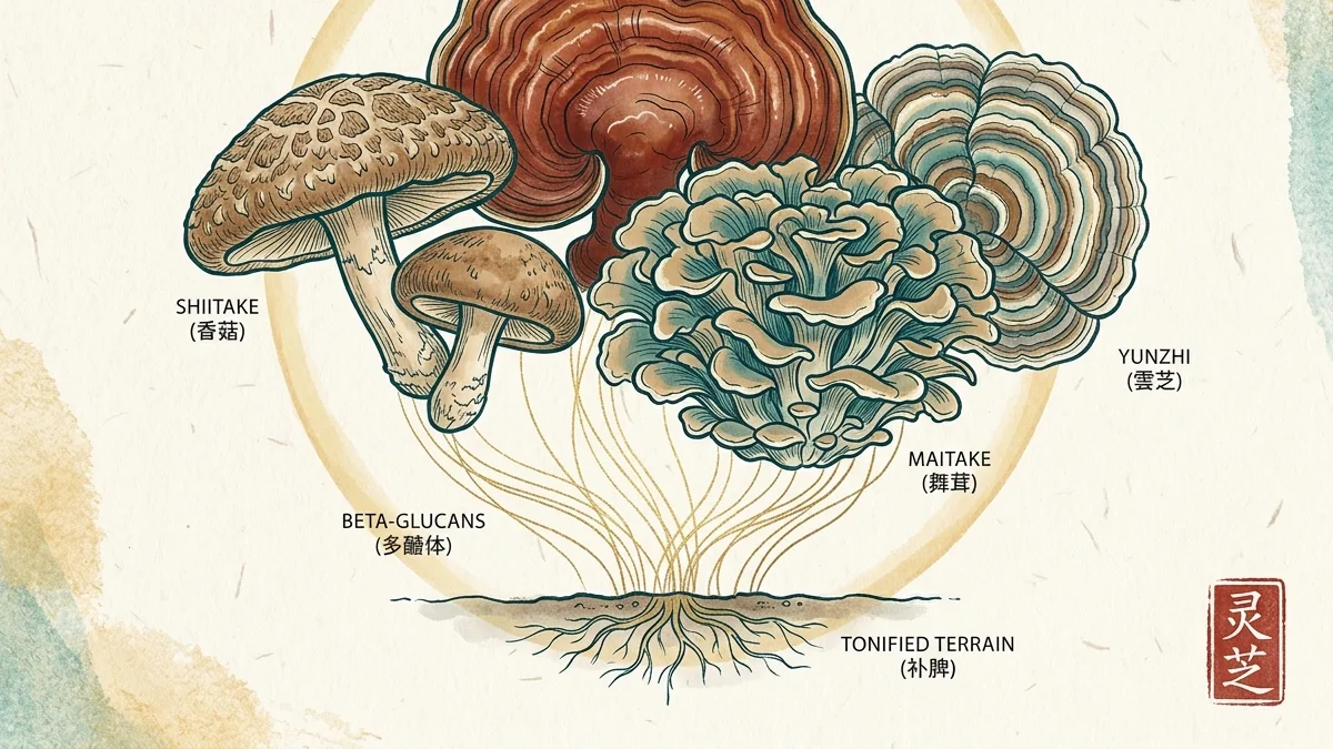 Hongos medicinales en MTC: shiitake, reishi, maitake y yunzhi, la familia que tonifica