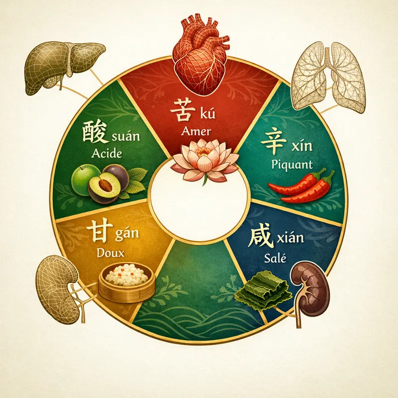Mapa circular que vincula los cinco sabores 酸苦甘辛咸 y sus órganos para dosificar Yin-Yang a través del gusto