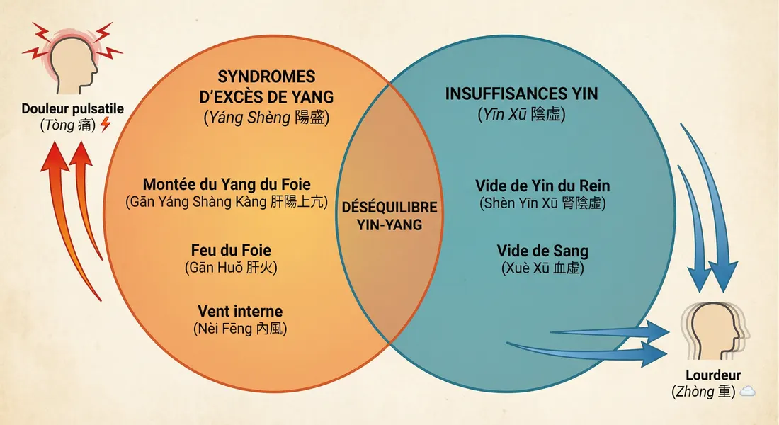 Esquema Yin-Yang que relaciona cefaleas por exceso de Yang 阳亢 y vacío de Yin 阴虚 con alimentos refrescantes o tonificantes