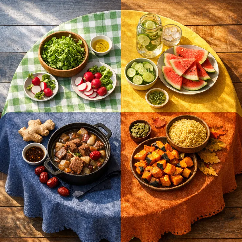 Mesa estacional 春夏秋冬 que empareja alimentos con los ritmos de Hígado, Corazón, Pulmón y Riñón