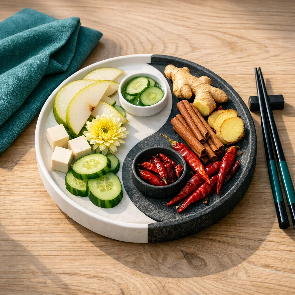 Plato Yin-Yang que combina alimentos fríos 寒 hán y calientes 热 rè para equilibrar el Qi digestivo y anclar la Sangre