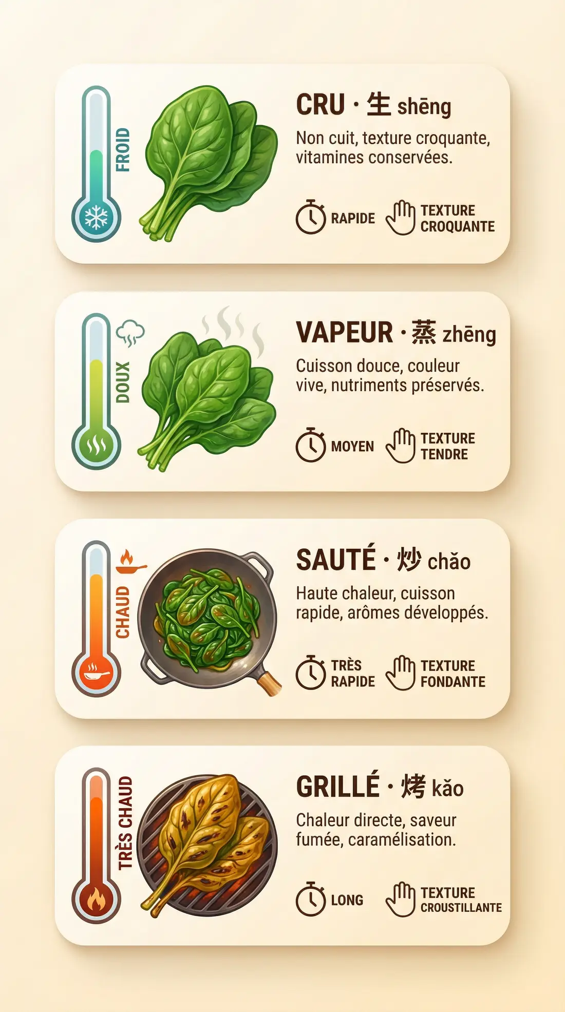 Infografía vertical de los métodos de cocción 生→烤 que muestran cómo cada paso añade Yang para apoyar Bazo y Hígado