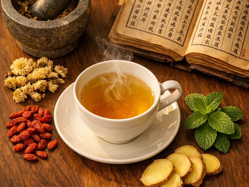 Tisana medicinal con crisantemo 菊花, bayas goji y jengibre que calma distintos síndromes de cefalea