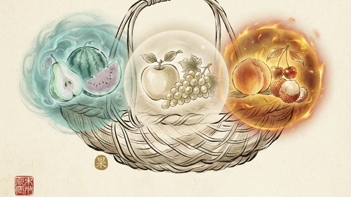Panier de fruits aux trois natures thermiques MTC (果 guǒ) : fruits frais, neutres et tièdes choisis selon le terrain