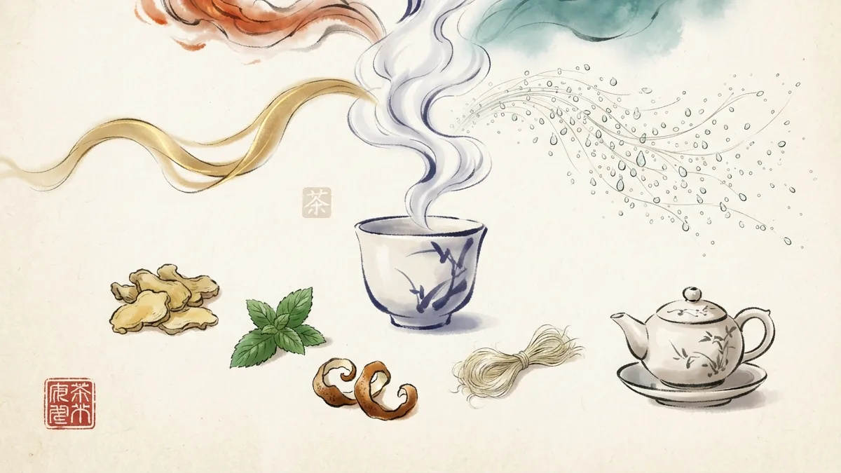 Tisanes et plantes en MTC (茶 chá) : gingembre du Vent-Froid, menthe du Vent-Chaleur, chen pi des Glaires