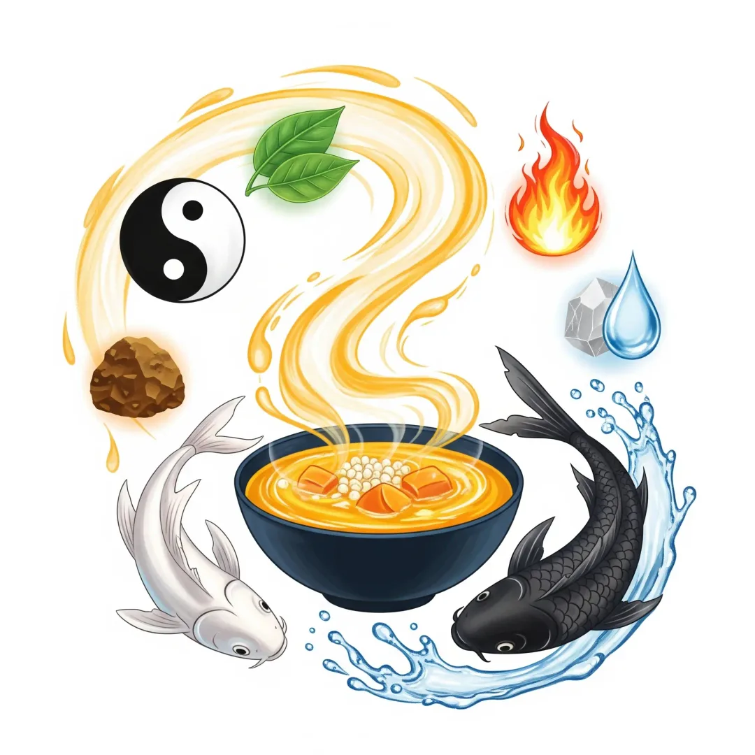 Bol de cereales y verduras de colores que simboliza el equilibrio Yin-Yang en la dietética china (饮食 Yǐn Shí) · principios de la medicina tradicional china