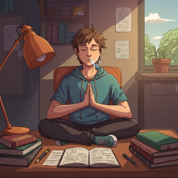 Joven estudiante practicando la atención plena para gestionar el estrés de los exámenes