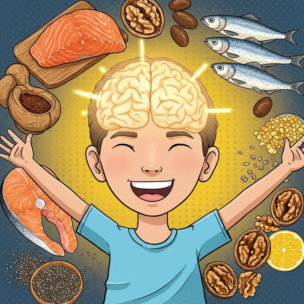Sources d'oméga-3 pour la santé mentale (欧米伽 Ōu Mǐ Jiā) — acides gras essentiels EPA et DHA soutenant l'humeur et le développement cérébral de l'adolescent
